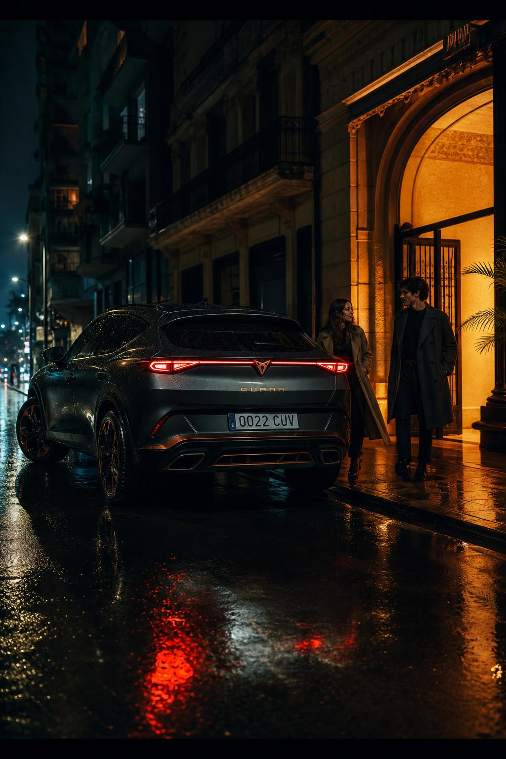 CUPRA Formentor bei Nacht auf nasser Strasse, Paar vor warm beleuchtetem Torbogen